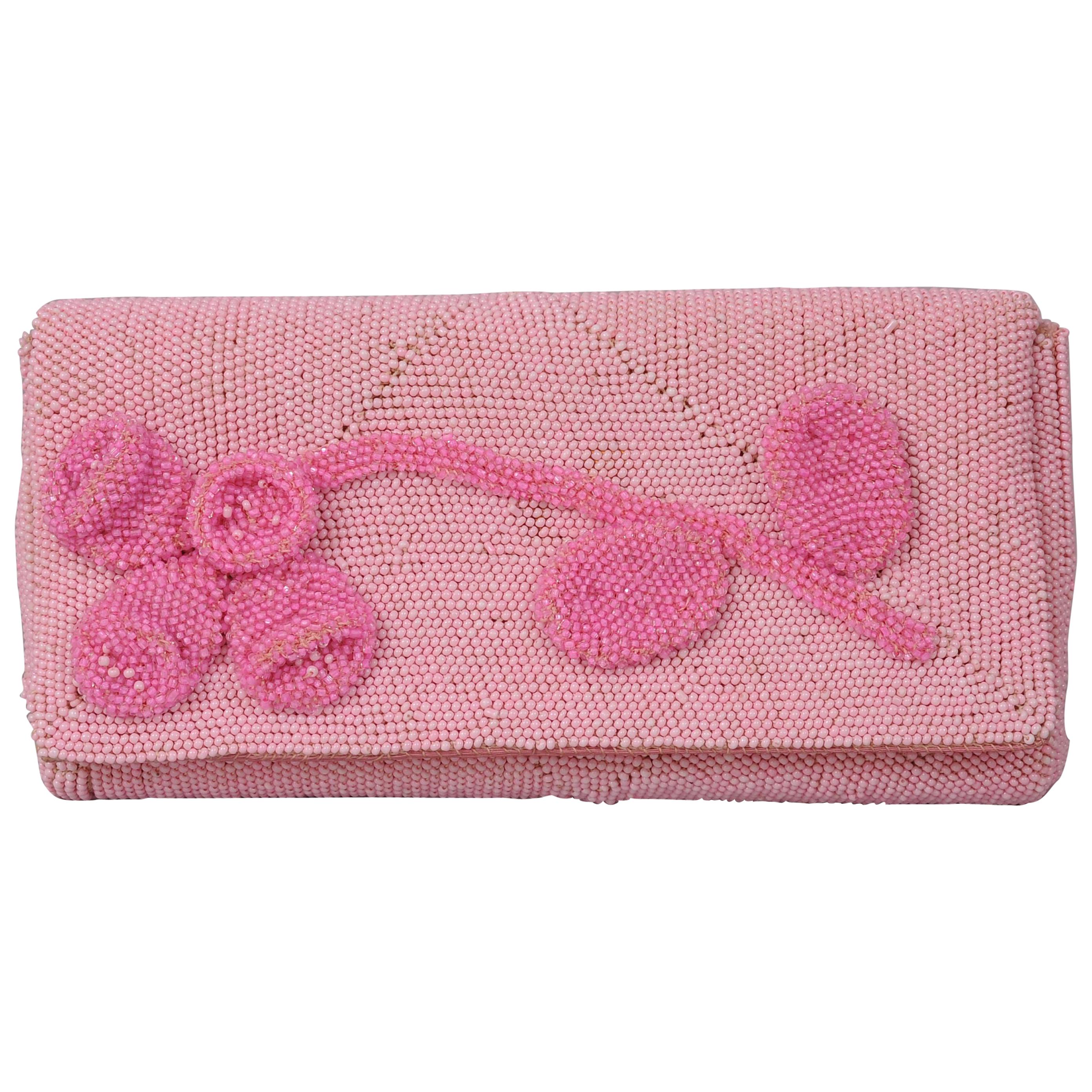Hand Made Pink Beaded Clutch with a Bubblegum Pink Beaded Flower Applique
