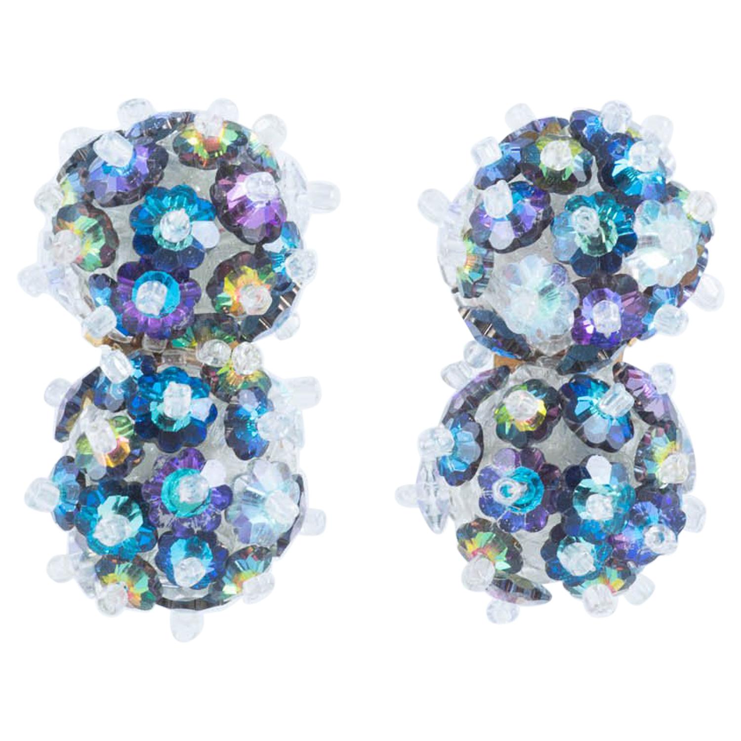  Hand beaded sea coloured crystal 'double ball' earrings, Coppola e Toppo, c1967 For Sale