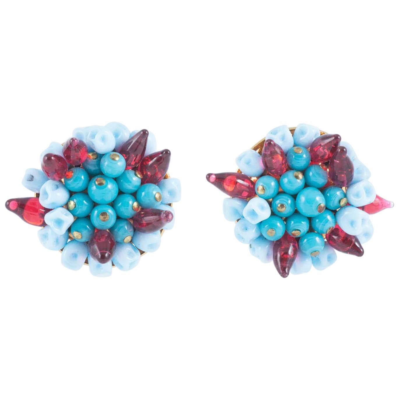 Turquoise and ruby poured glass 'cluster earrings, Histoire de Verre, 2005