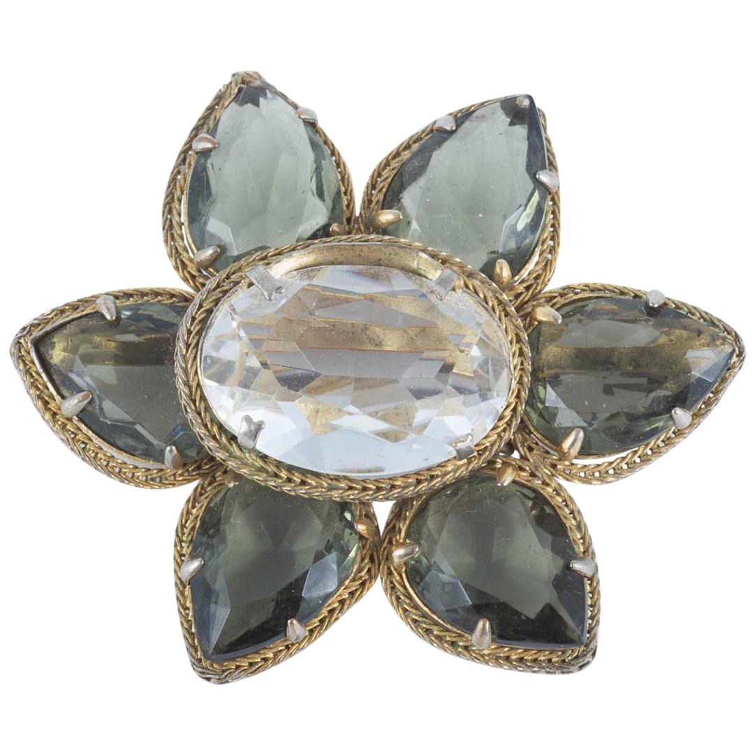 Hand set grey and clear paste daisy brooch in antiqued gilt, Christian Dior 1961