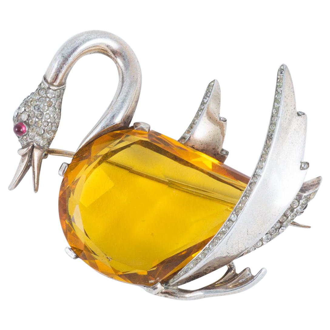 Large stylised silver gilt and paste 'swan' brooch, Trifari, USA, 1940s For Sale