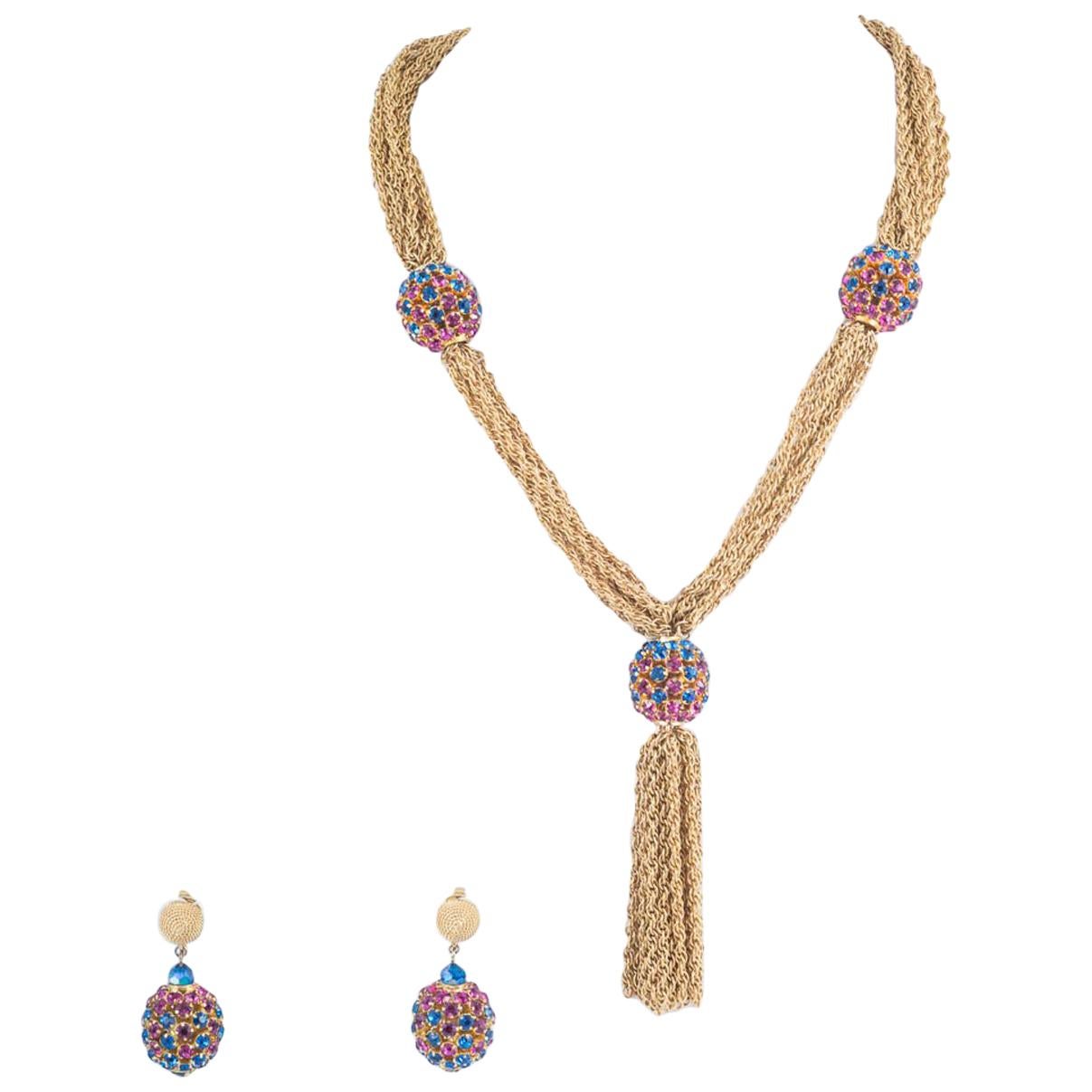 Gilt chain and coloured pastes 'sphere' necklace and earrings, Trifari, 1960s.