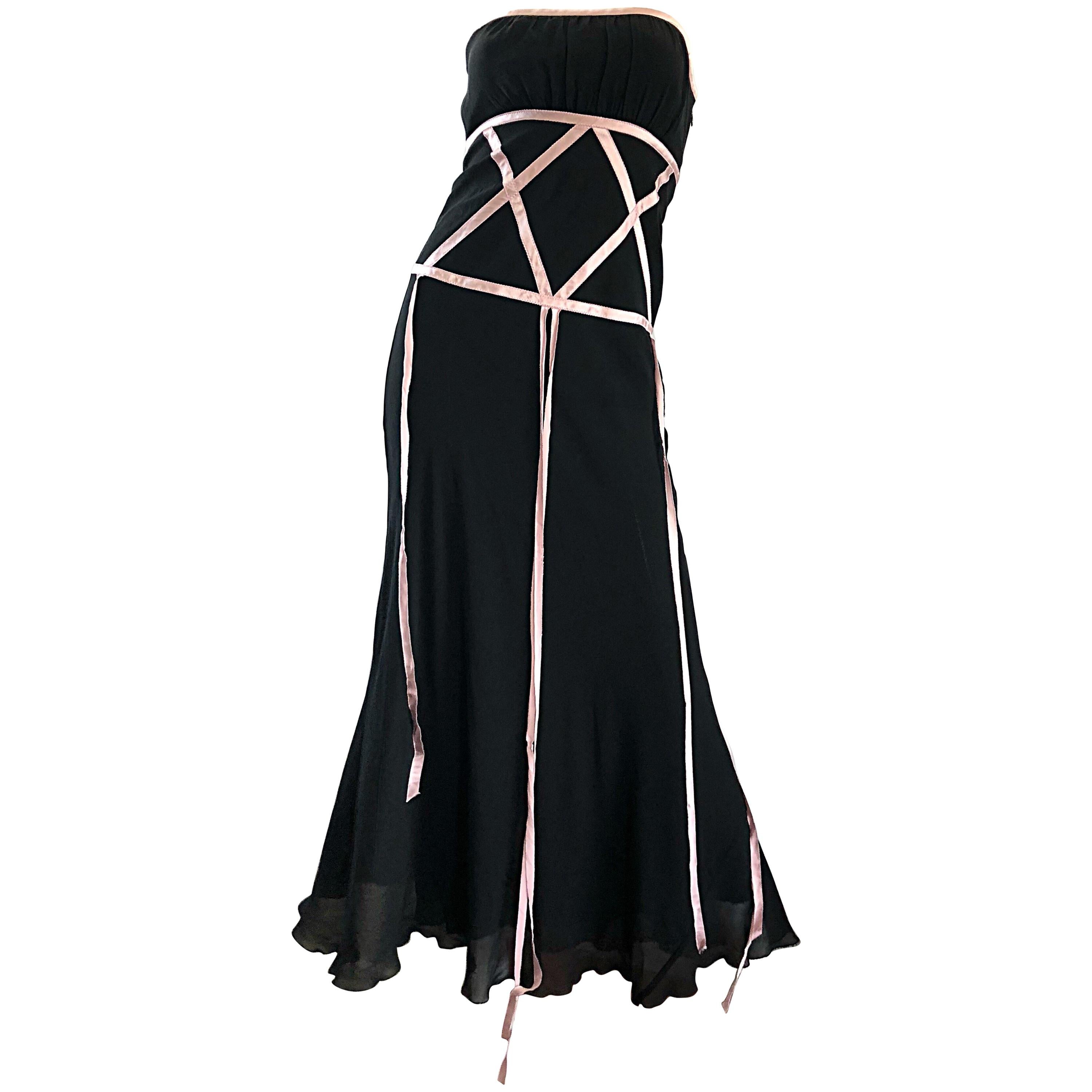 1990s Nicole Miller Collection Size 0 / 2 Black + Pink Silk Chiffon Gown Dress For Sale