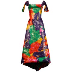 Arnold Scaasi Vintage Colorful Metallic Lamé Silk Evening Gown Dress, 1970s 