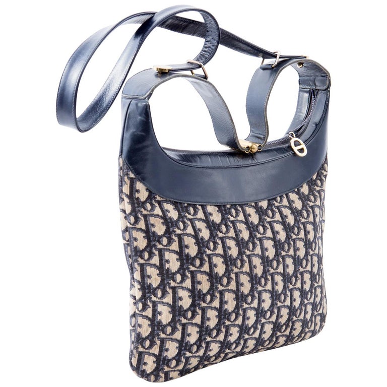 1970s Dior Navy Monogram Canvas Logo Shoulder Bag For Sale at 1stdibs