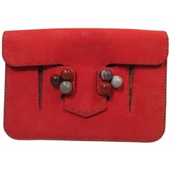 FENDI Red Suede Clutch with Stone Applique