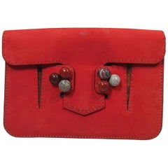 FENDI Red Suede Clutch with Stone Applique 