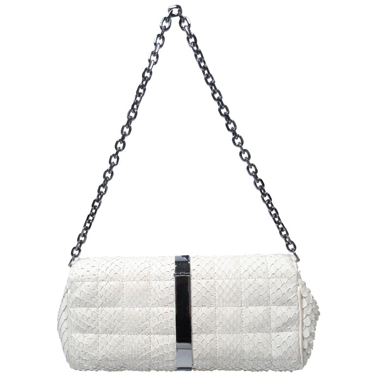 Chanel White Snakeskin Small Chain Clutch Purse with Silvertone ...