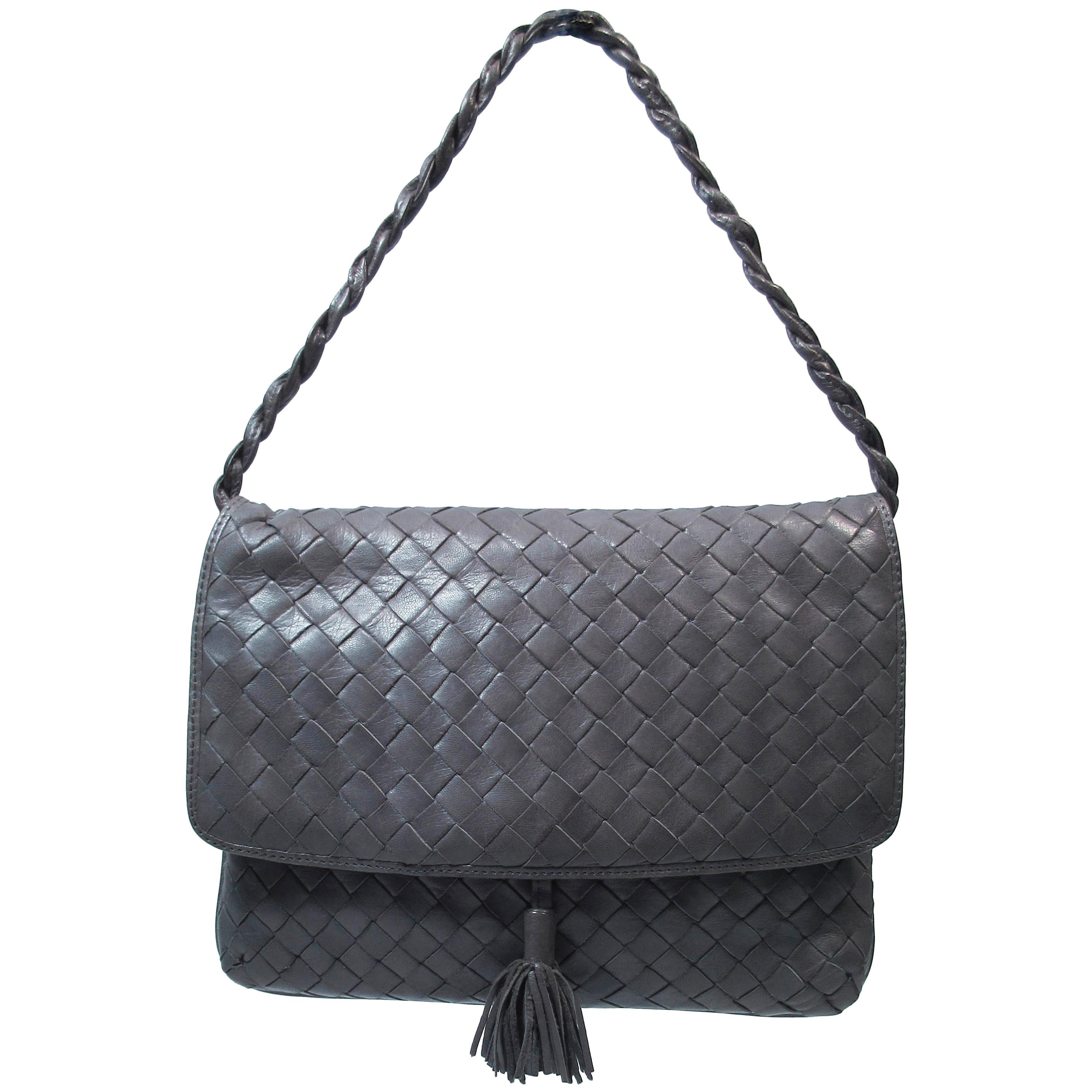 BOTTEGA VENETA Grey Woven Leather Handbag with Tassel