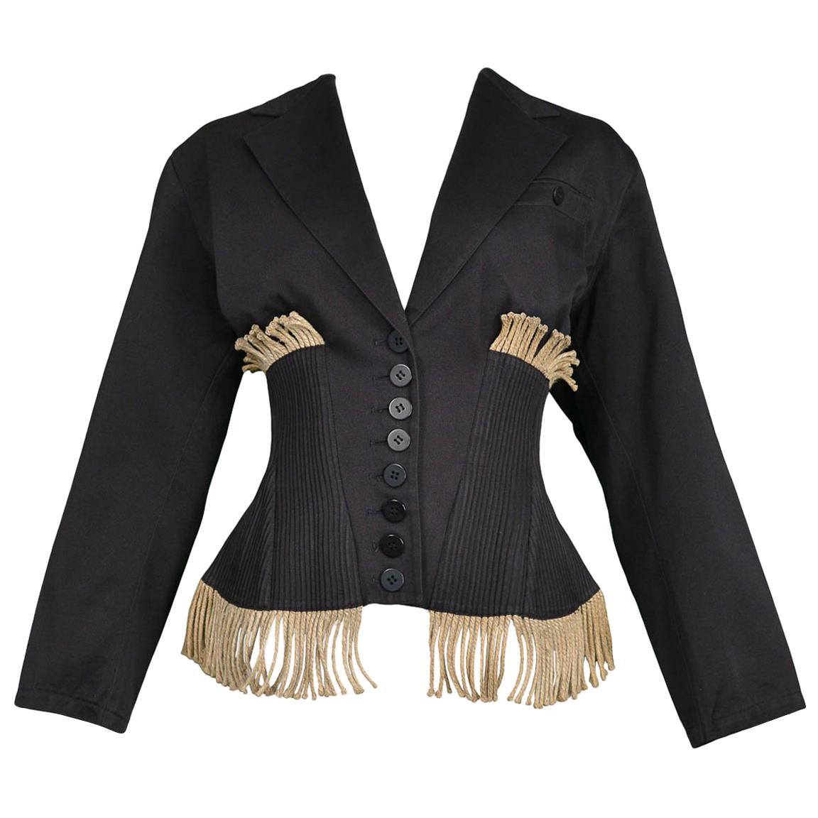 Vintage Azzedine Alaia 1988 Twine Fringe & Black Cotton Corset Jacket
