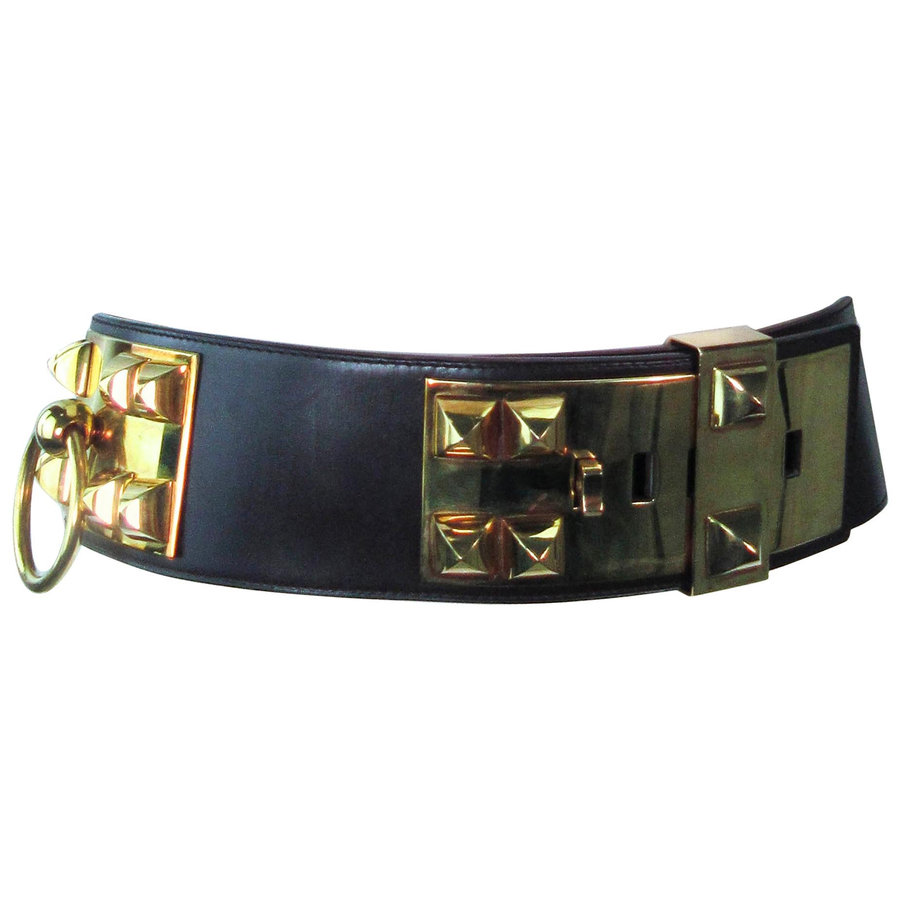 HERMES Collier De Chien Vintage Brown Leather Belt with Gold Hardware Size Large