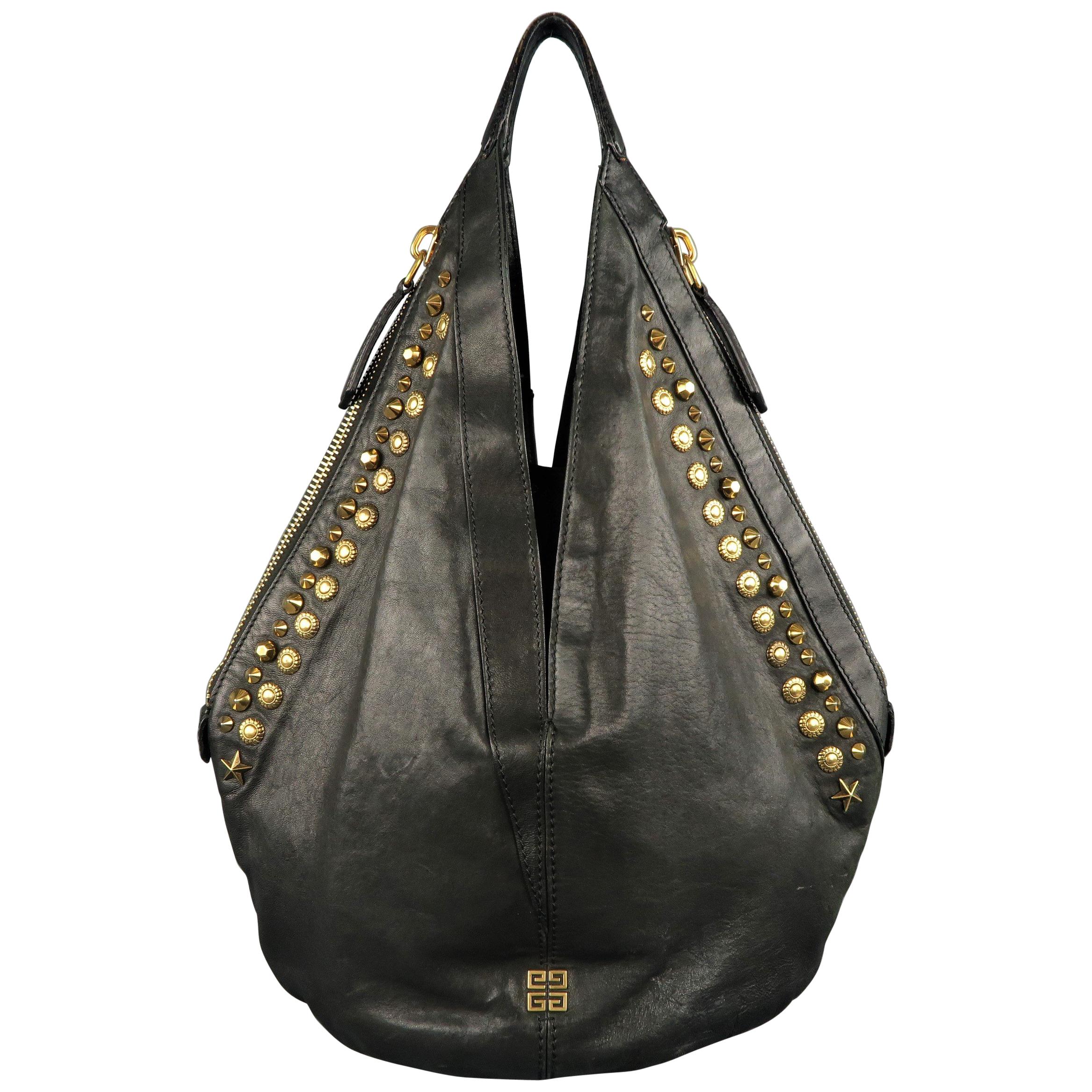 GIVENCHY Black Leather Gold Studded TINHAN Large Hobo Bag