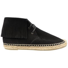 SAINT LAURENT Size 7.5 Black Suede Fringe Espadrille Boots