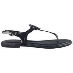 TOD'S Size 8 Navy Patent Leather Gomma T-stap Sandals