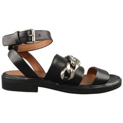 GIVENCHY Size 8 Black Leather Ankle Curb Chain Strap Sandals