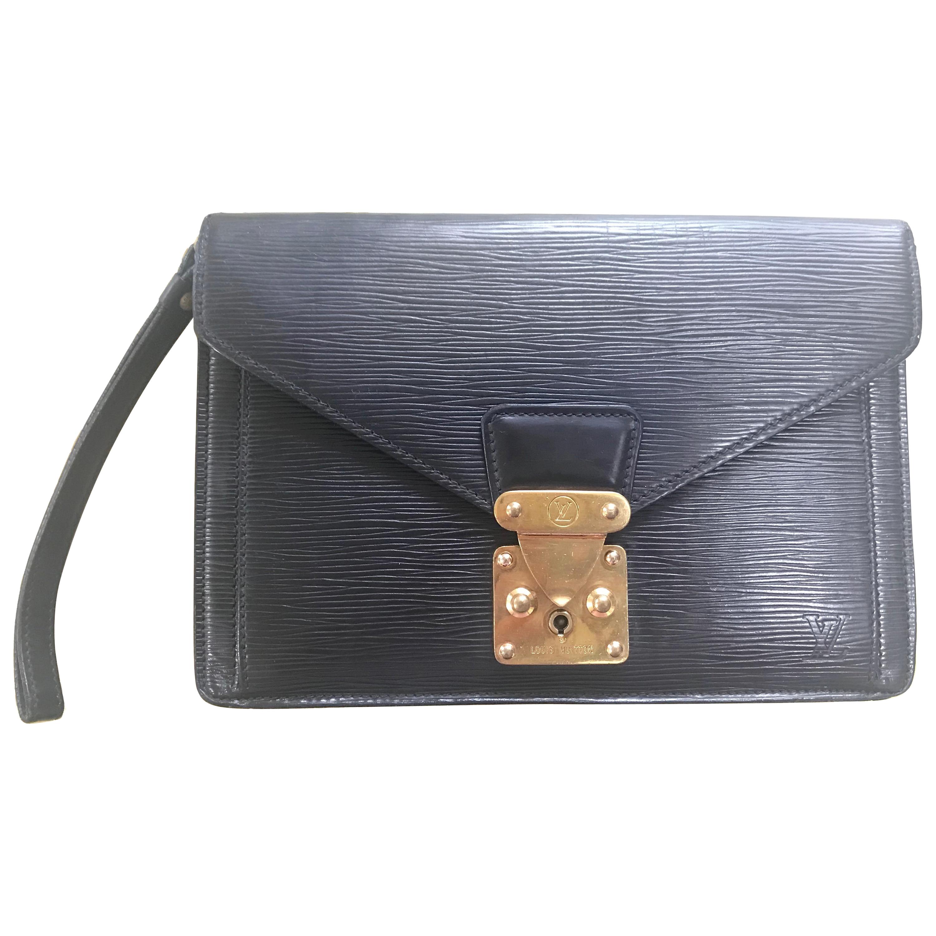 Vintage Louis Vuitton black epi leather wristlet clutch bag, purse with strap.  For Sale