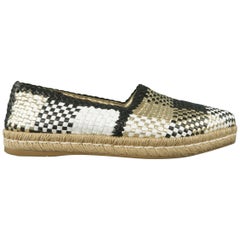 PRADA Size 7.5 Black White & Gold Woven Plaid Leather Espadrille