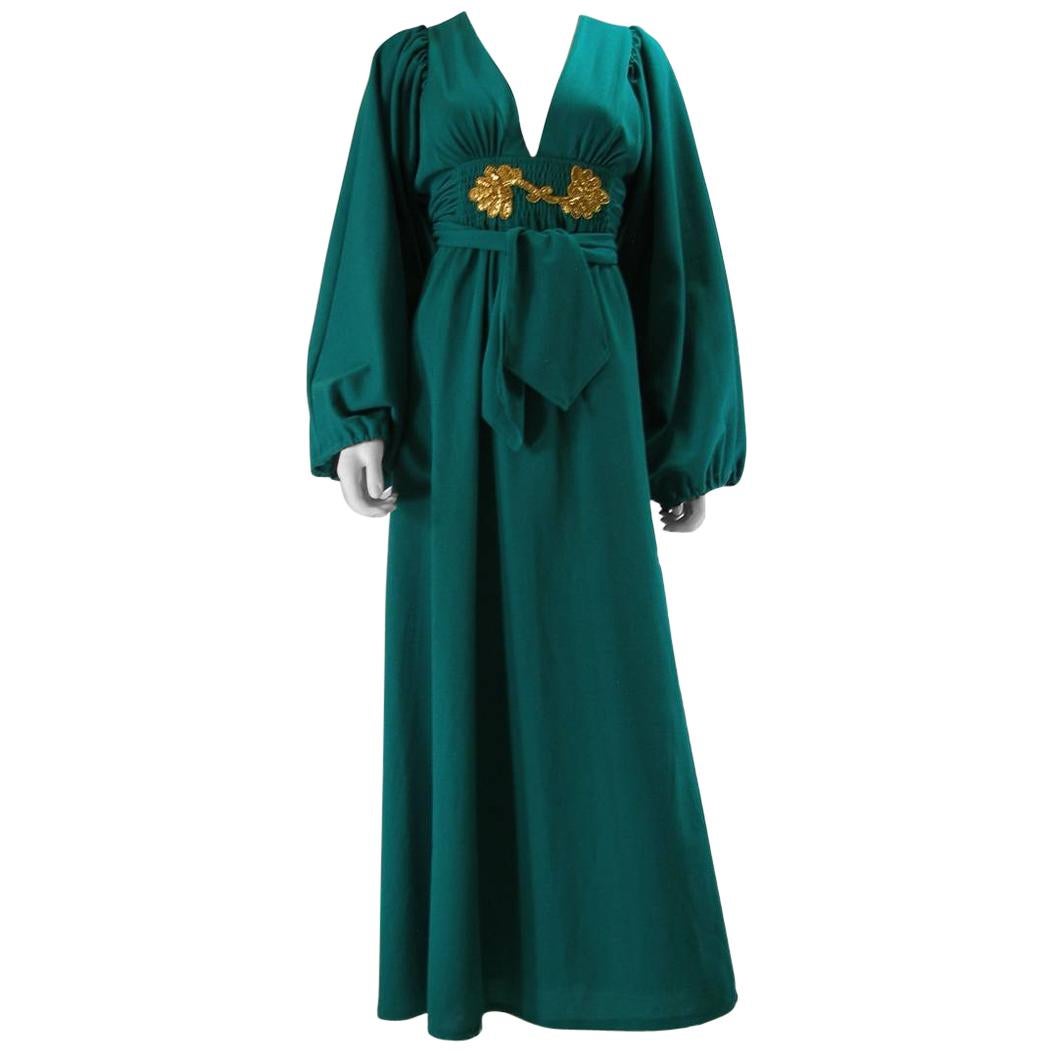 Rare Vintage Deep Green Ossie Clark for Radley early 1970's Maxi Dress US 4 Size For Sale