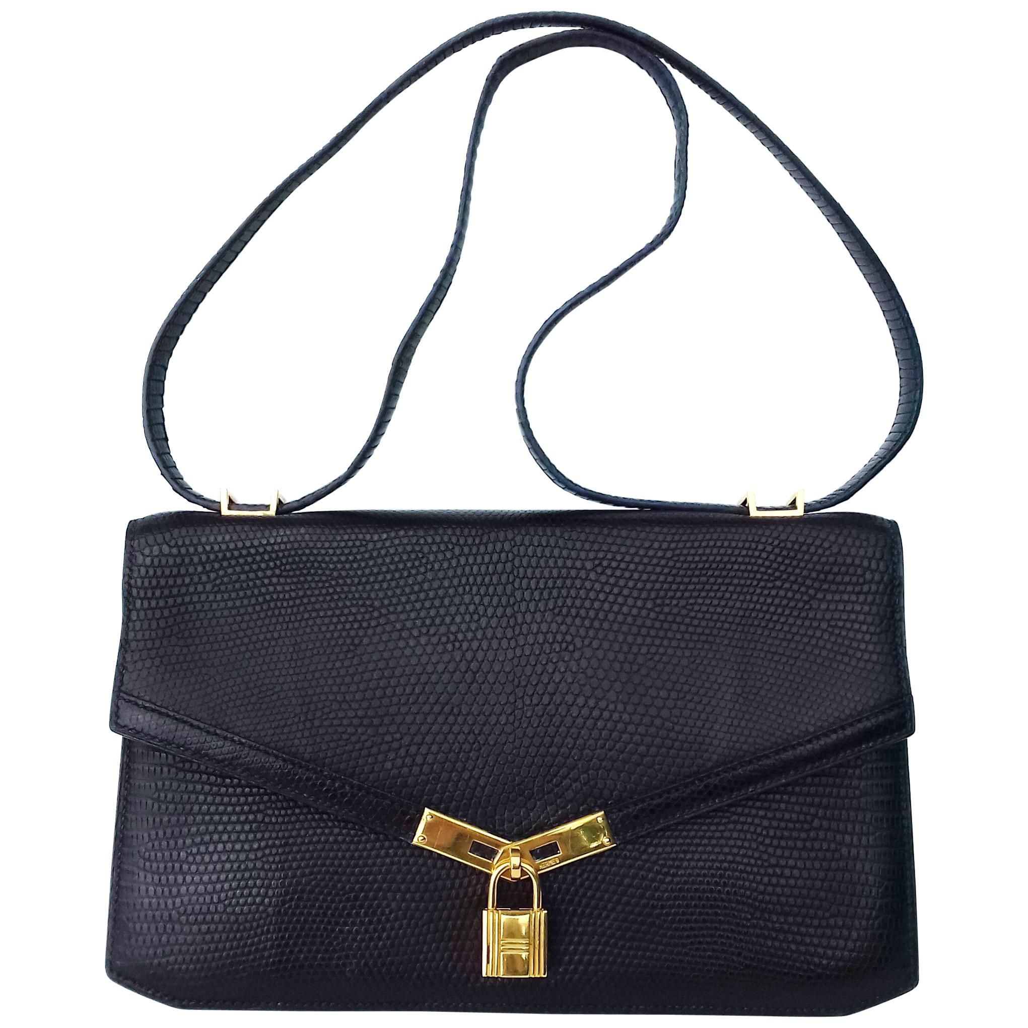 Hermès Vintage Padlock Purse Bag In Black Lizard Gold Hdw RARE 