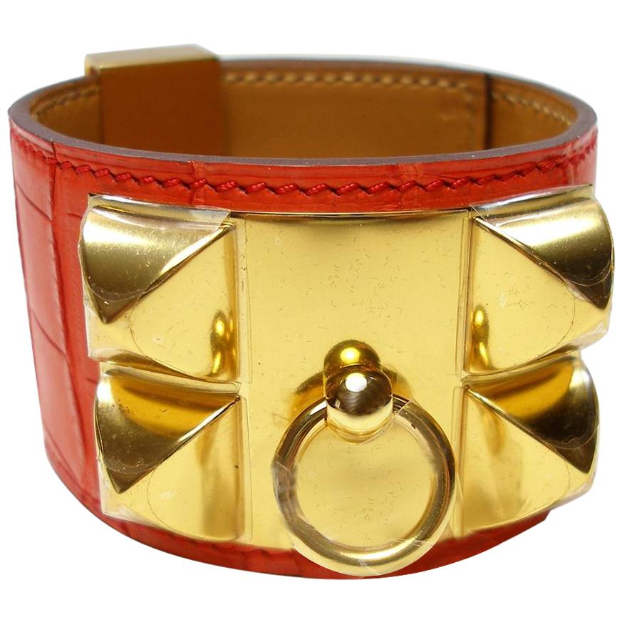 Hermès Bracelet Collier de Chien Alligator Mat Orange Poppy and Gold Plated HDW