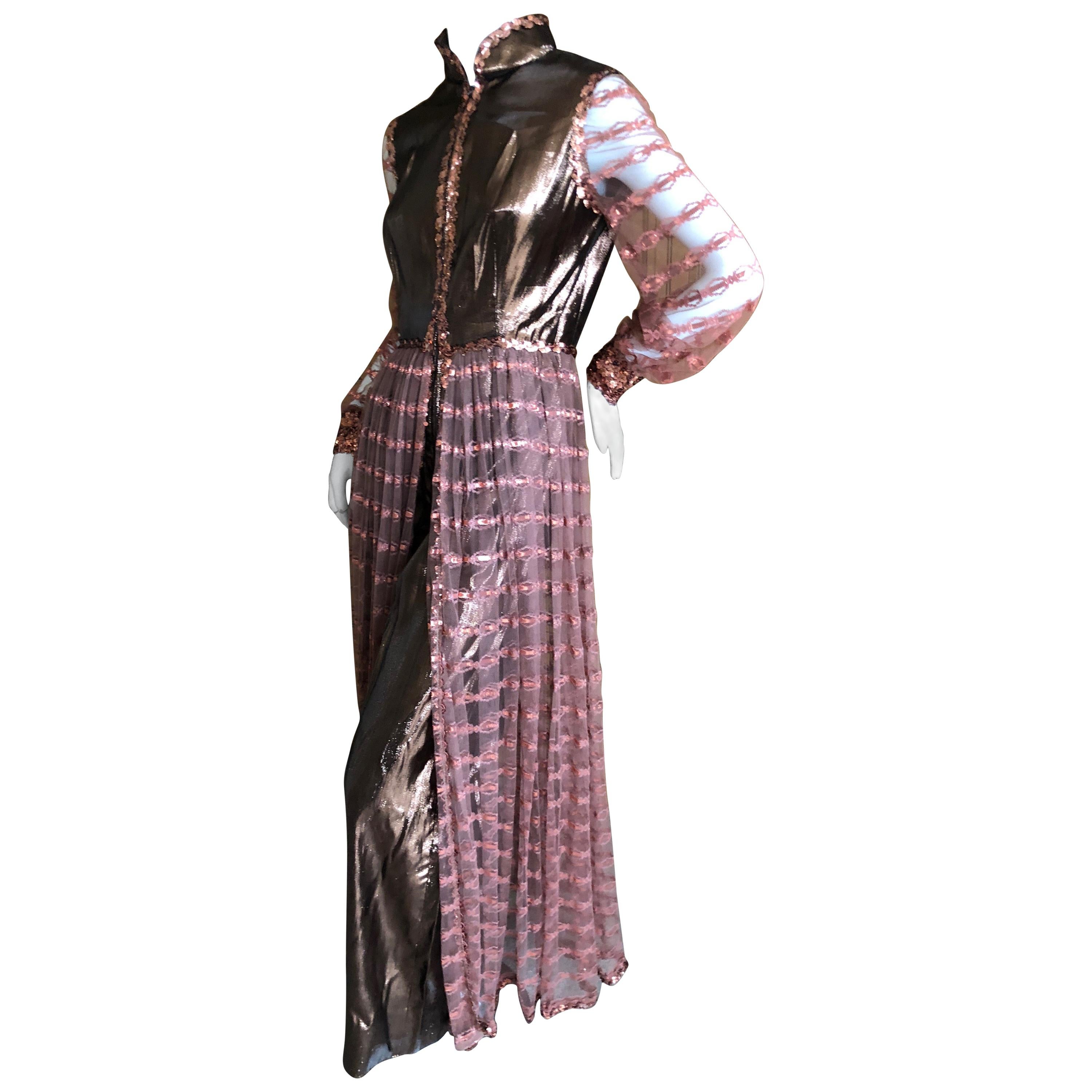 Oscar de la Renta Vintage 1970 Metallic Copper Sequin Evening Dress with Pants For Sale