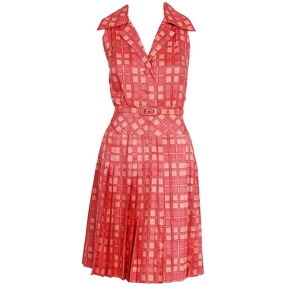 1973 Christian Dior Demi-Couture Pink Deco Print Cotton Pleated Sun Dress 