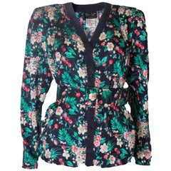 A Vintage 1980s silk floral printed jacket with matching belt by Diane Fres