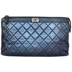 Chanel Metallic Blue Quilted Boy Clutch Bag with Box, Dust Bag & Auth Card