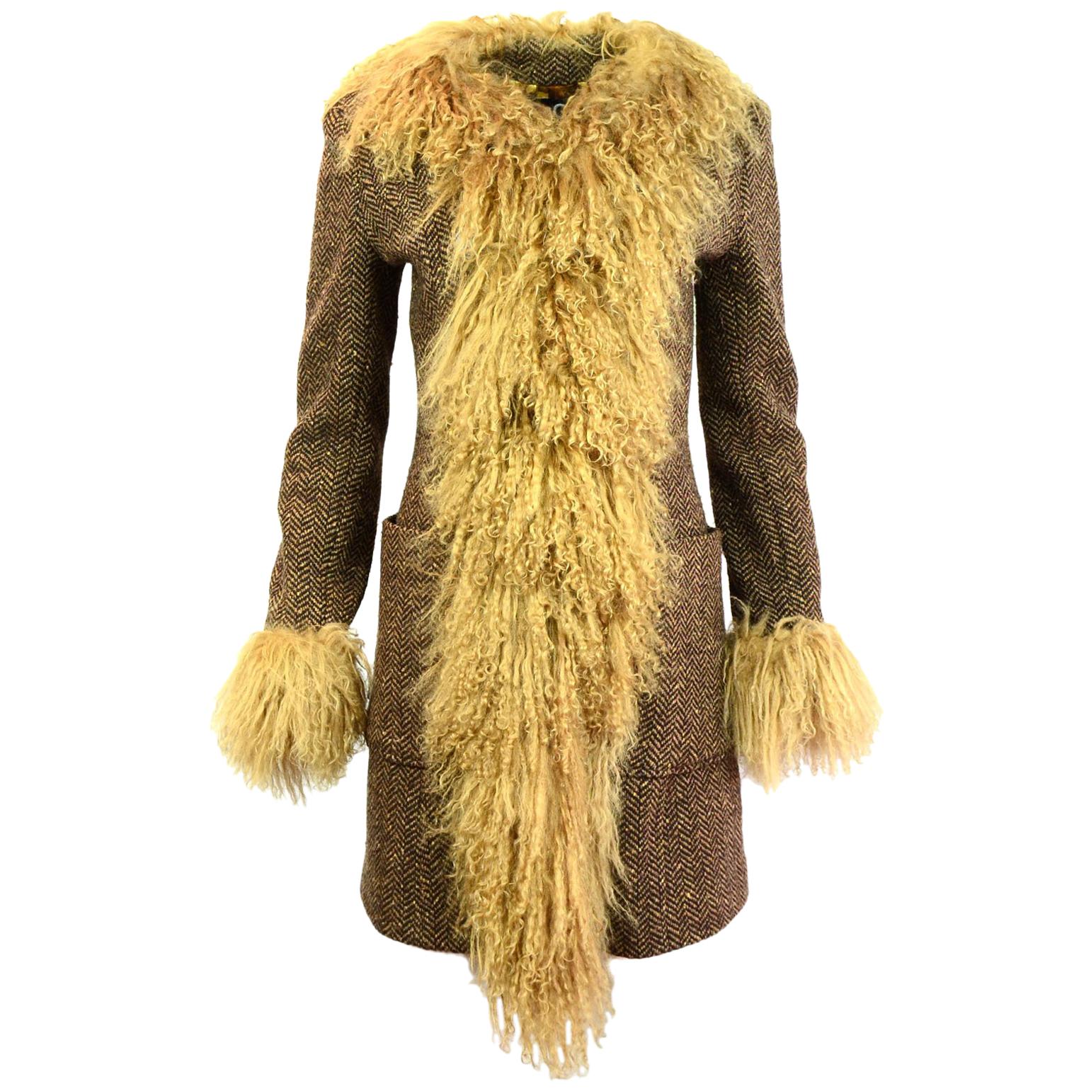 D&G Brown Wool Herringbone & Mongolian Fur Coat Sz IT40