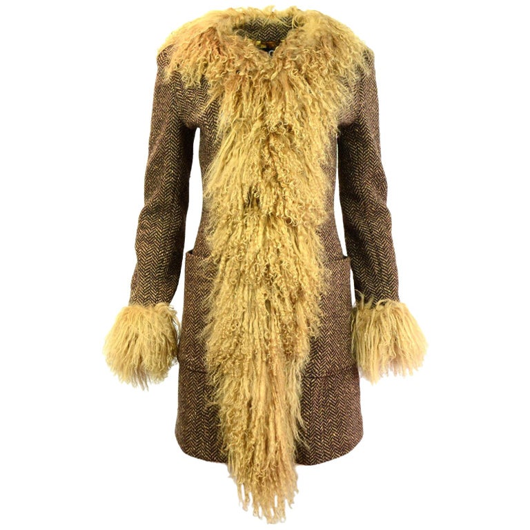 D&G Brown Wool Herringbone and Mongolian Fur Coat Sz IT40 For Sale at