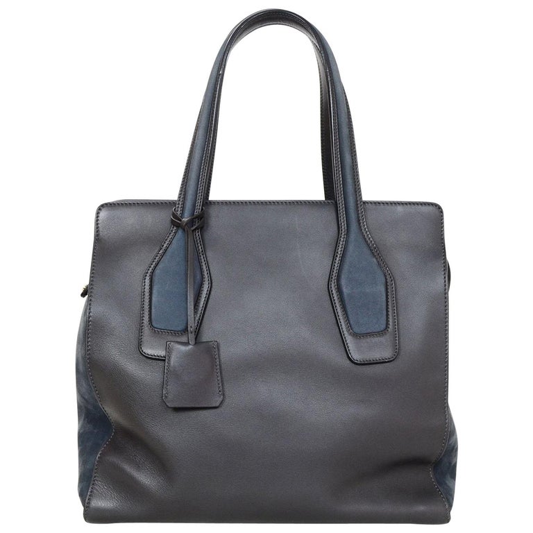Tod's Black Leather and Navy Suede Tote Bag with Dust Bag For Sale at