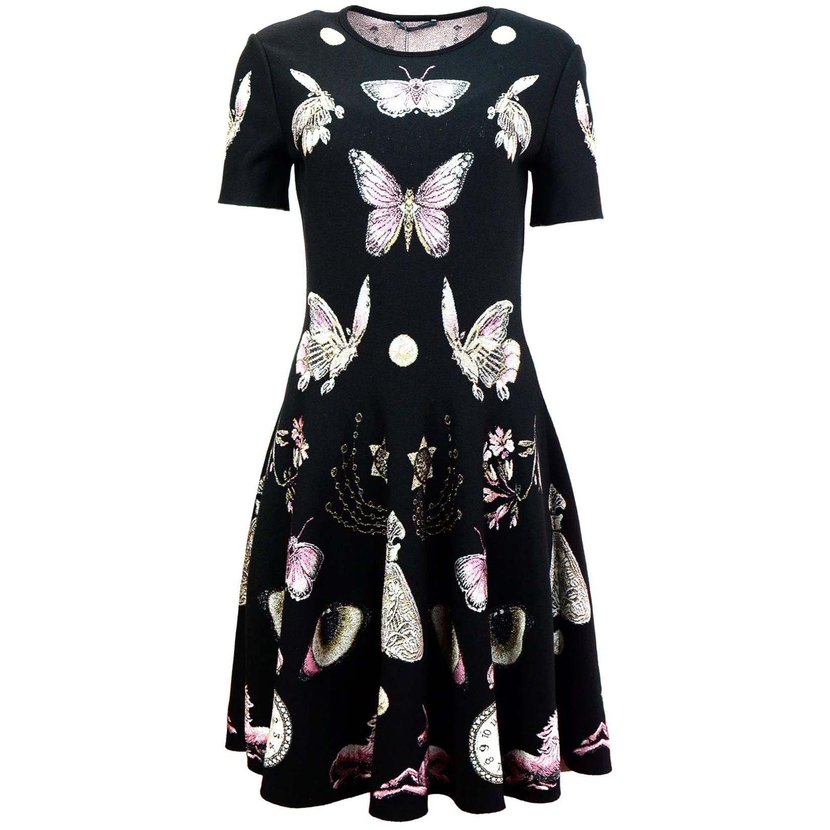 Alexander McQueen Black Butterfly Print Obsession Volume Skater Dress Sz L  NWT For Sale at 1stDibs | mcqueen obsession dress