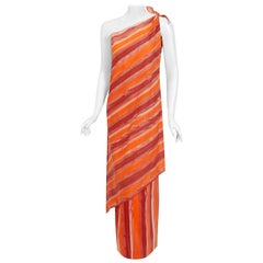 1970's Paco Rabanne Orange Striped Cotton One-Shoulder Asymmetric Dress & Skirt