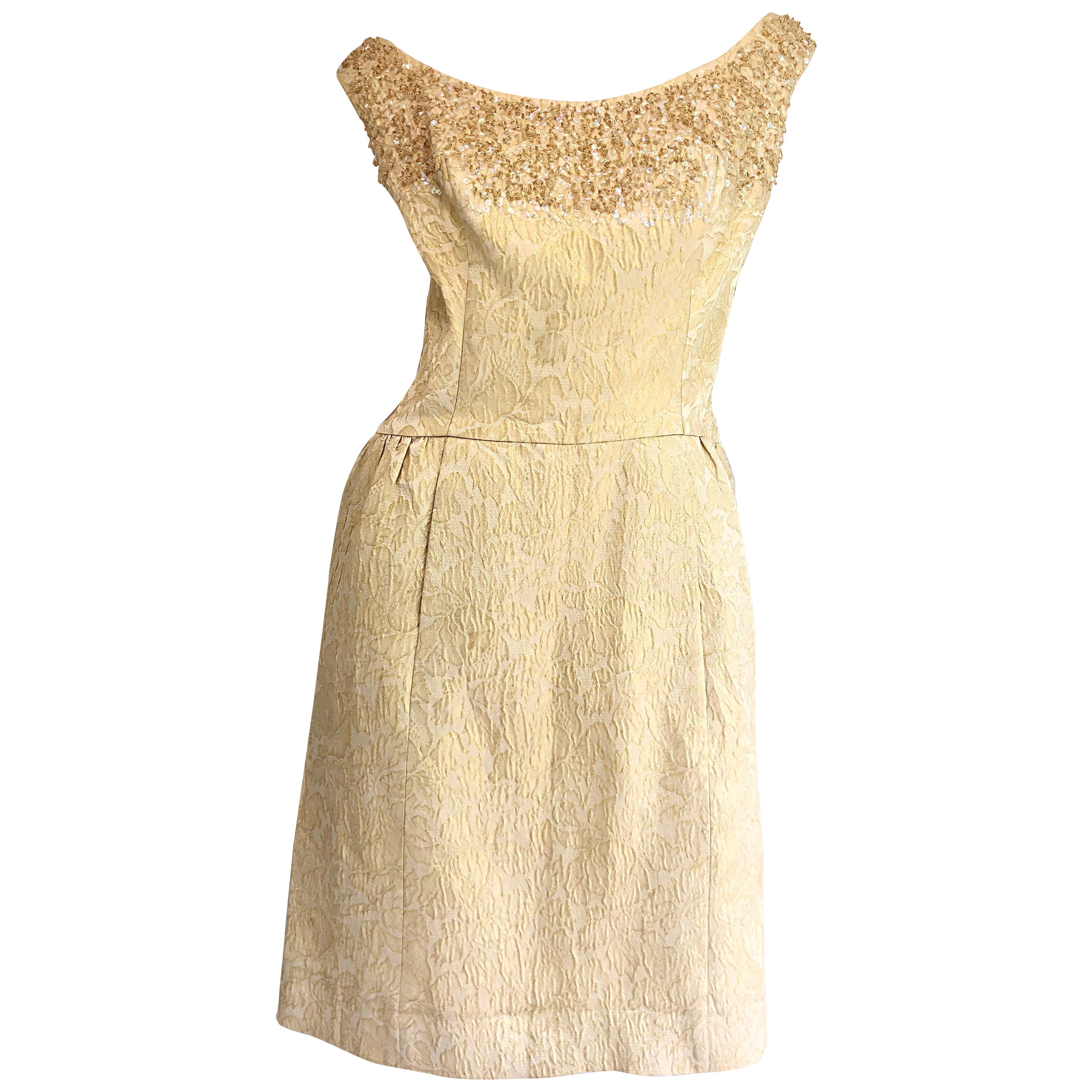 Pretty 1950s Size 12 / 14 Gold Silk Brocade Sequined Vintage 50s Cocktail Dress