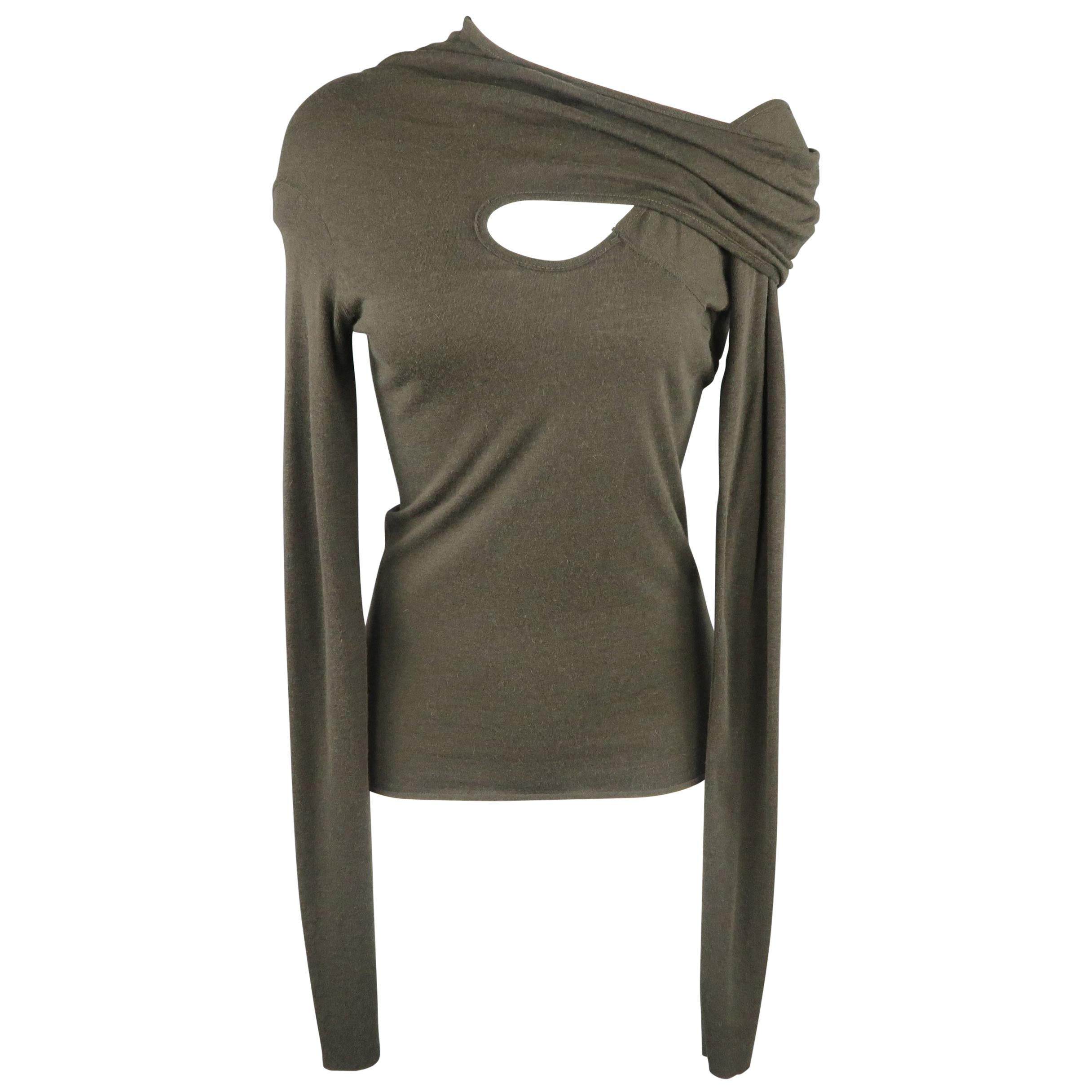 RICK OWENS Size 6 Olive Green Jersey Cutout Wrap Shoulder Pullover