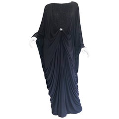 Amazing 1970s Black Jersey Metallic Grecian Vintage 70s Caftan Maxi Dress