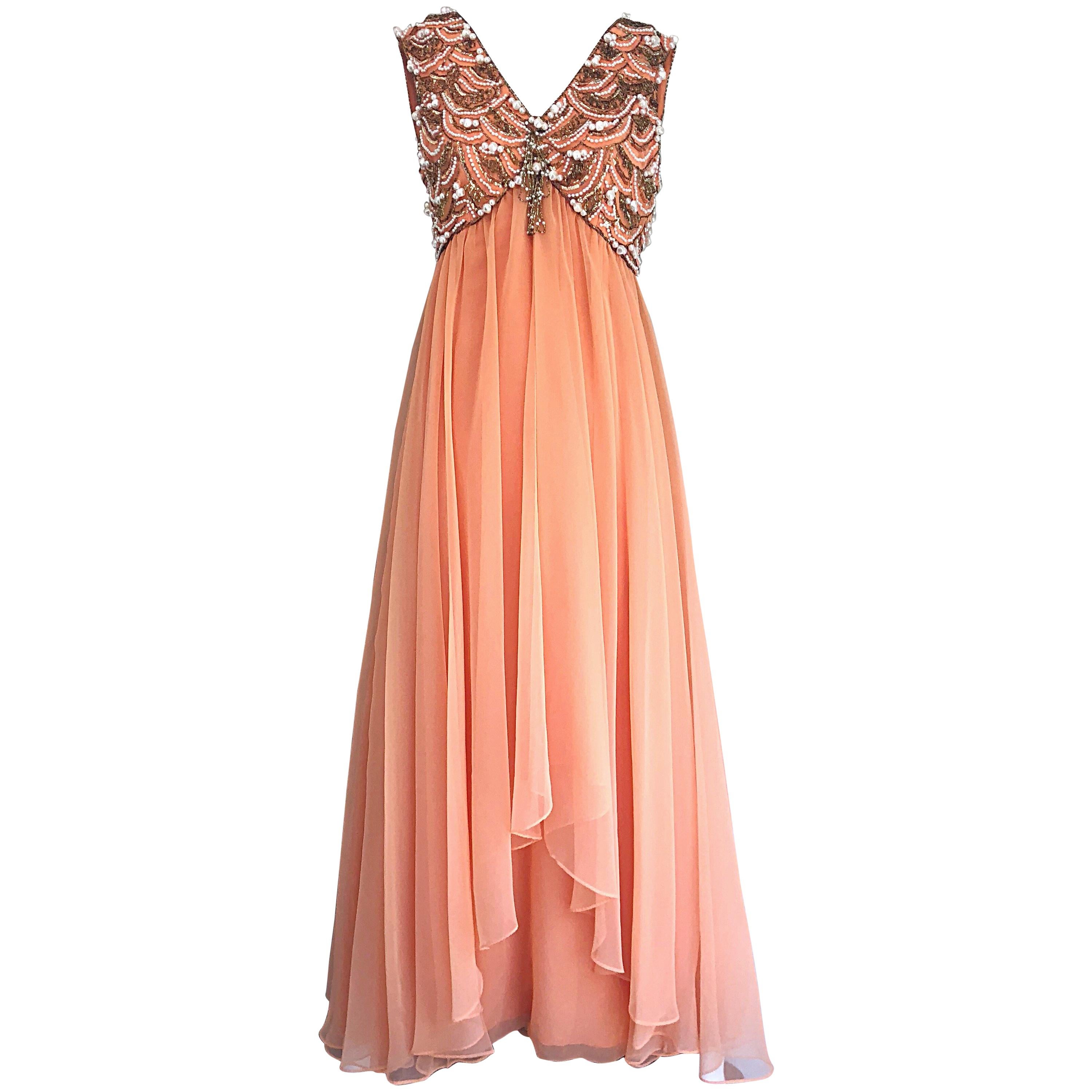 1960s Isabell Gerhart Sherbet Coral Demi Couture Beaded Chiffon 60s Gown Dress