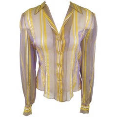 CHLOE Size L Purple & Yellow Iridescent Striped Silk Chiffon Blouse