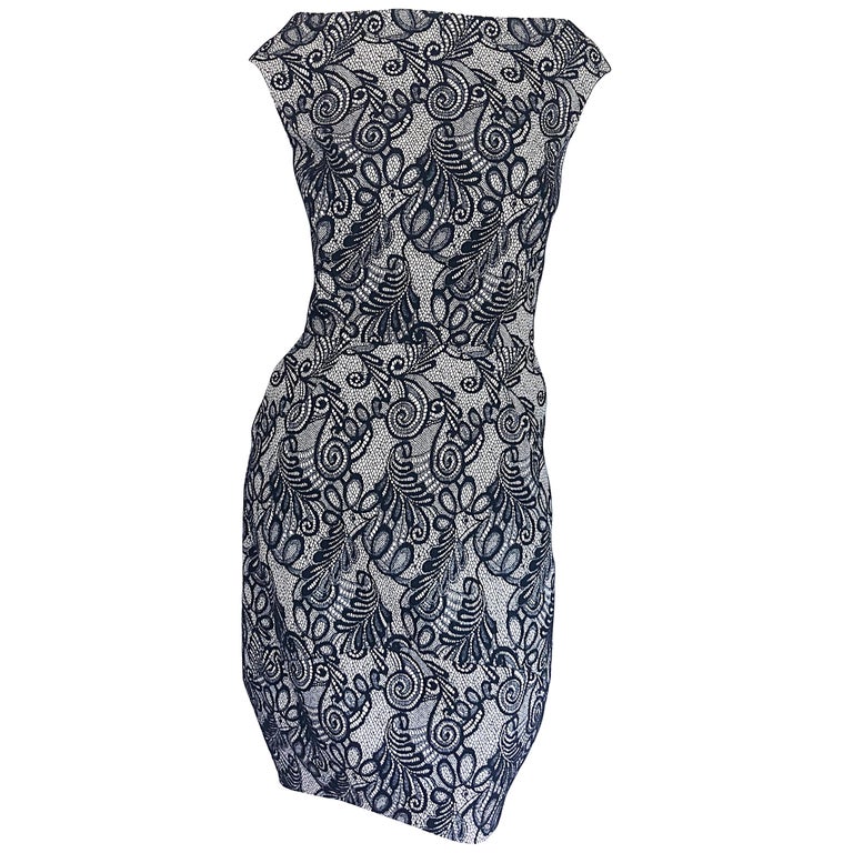 Bill Blass By Michael Vollbracht Black And White Lace Tulip Hem 2000s Dress
