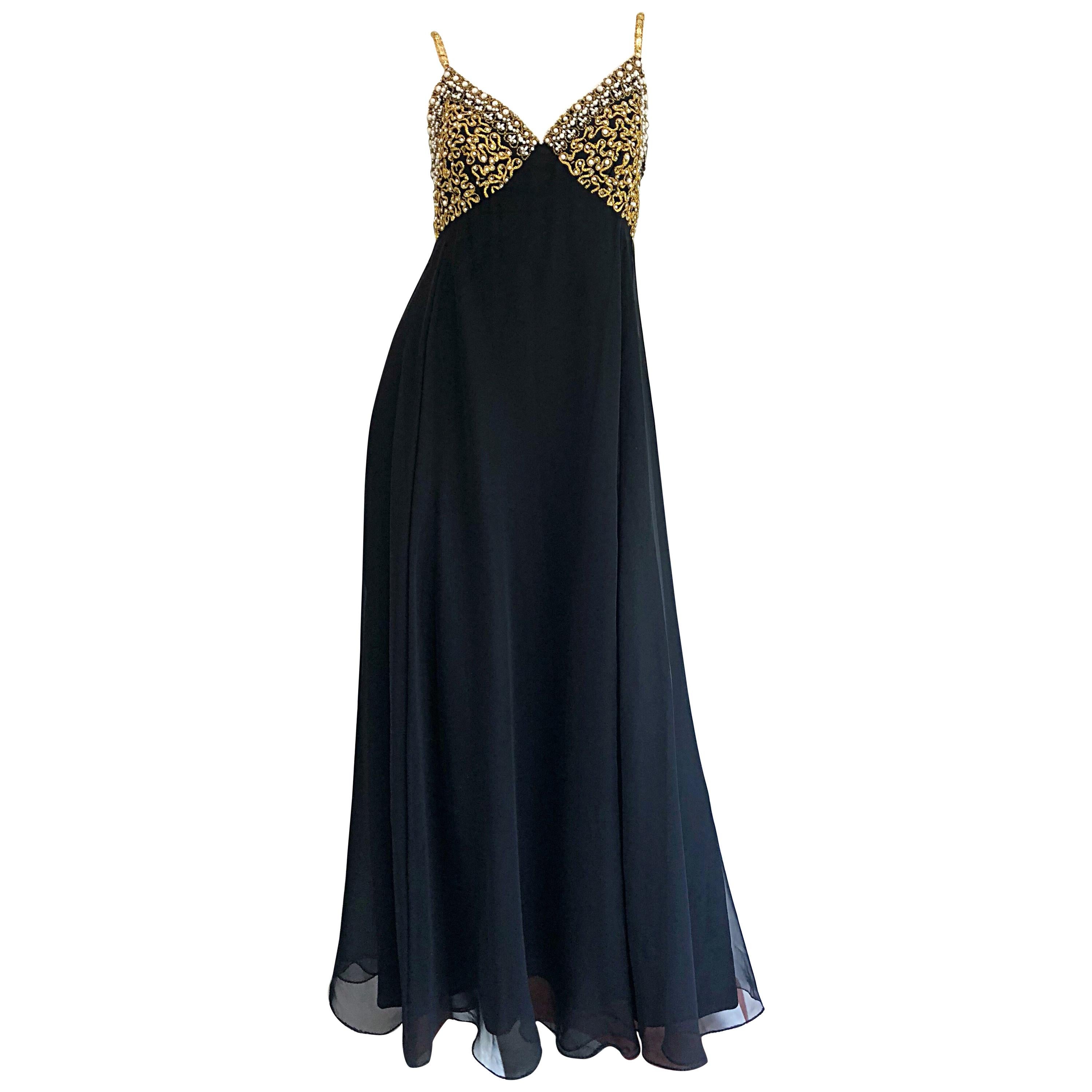 1970s Black + Gold Pearl + Rhinestone Encrusted Vintage 70s Chiffon Evening Gown For Sale