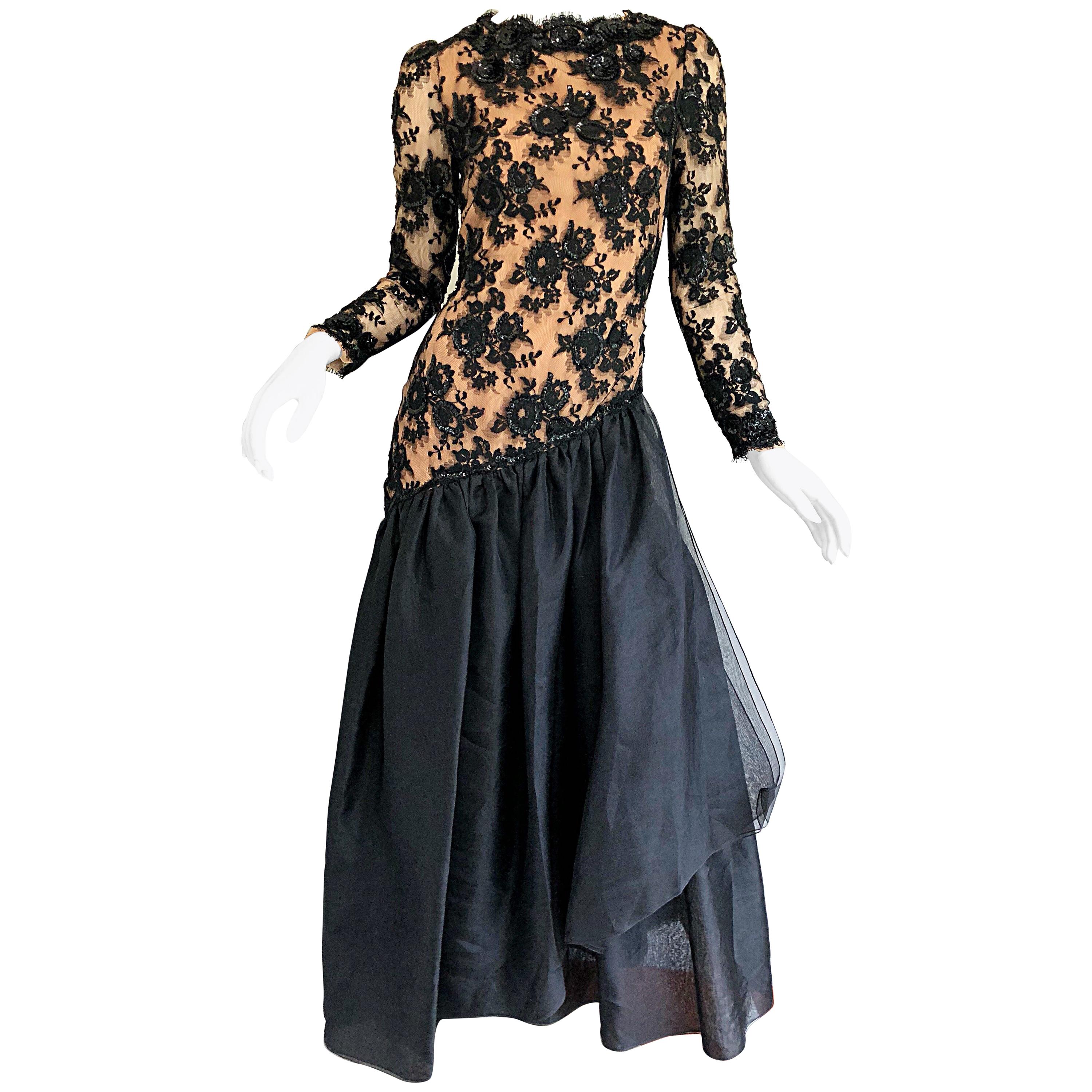 Vintage Bill Blass Black Nude 90s Size 6 / 8 Sequined Chiffon Evening Gown Dress For Sale