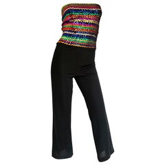 Erstaunlicher 1970er Regenbogen Pailletten trägerloser Vintage 70er Disco One Piece Jumpsuit