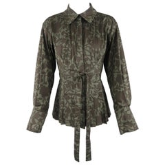 YVES SAINT LAURENT Size 6 Olive Green Floral Print Tied Blouse