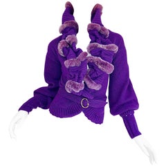 Roberto Cavalli Purple 2000s Luxurious Fur Wool Belted Cardigan Sweater Jacket