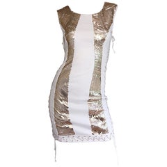 Pierre Balmain New w/ Tags White + Gold Sequined Lace Up Sleeveless Mini Dress