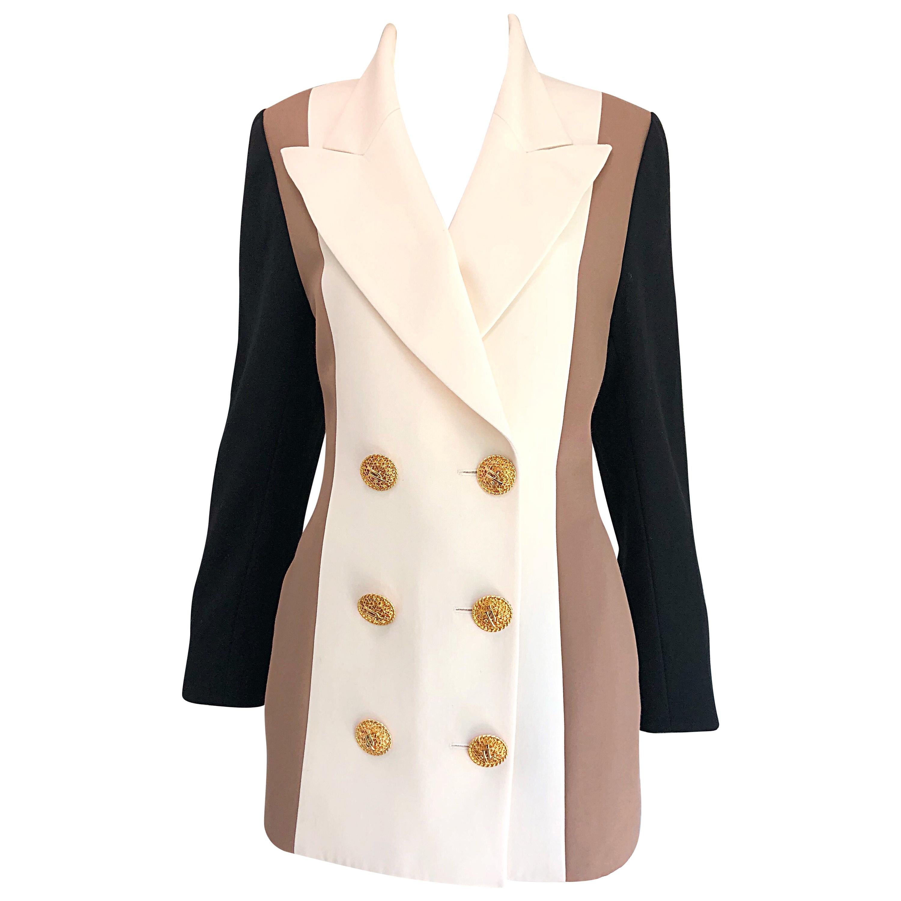 Vintage Jacques Fath Couture Ivory Taupe Black Color Block Double Breast Blazer