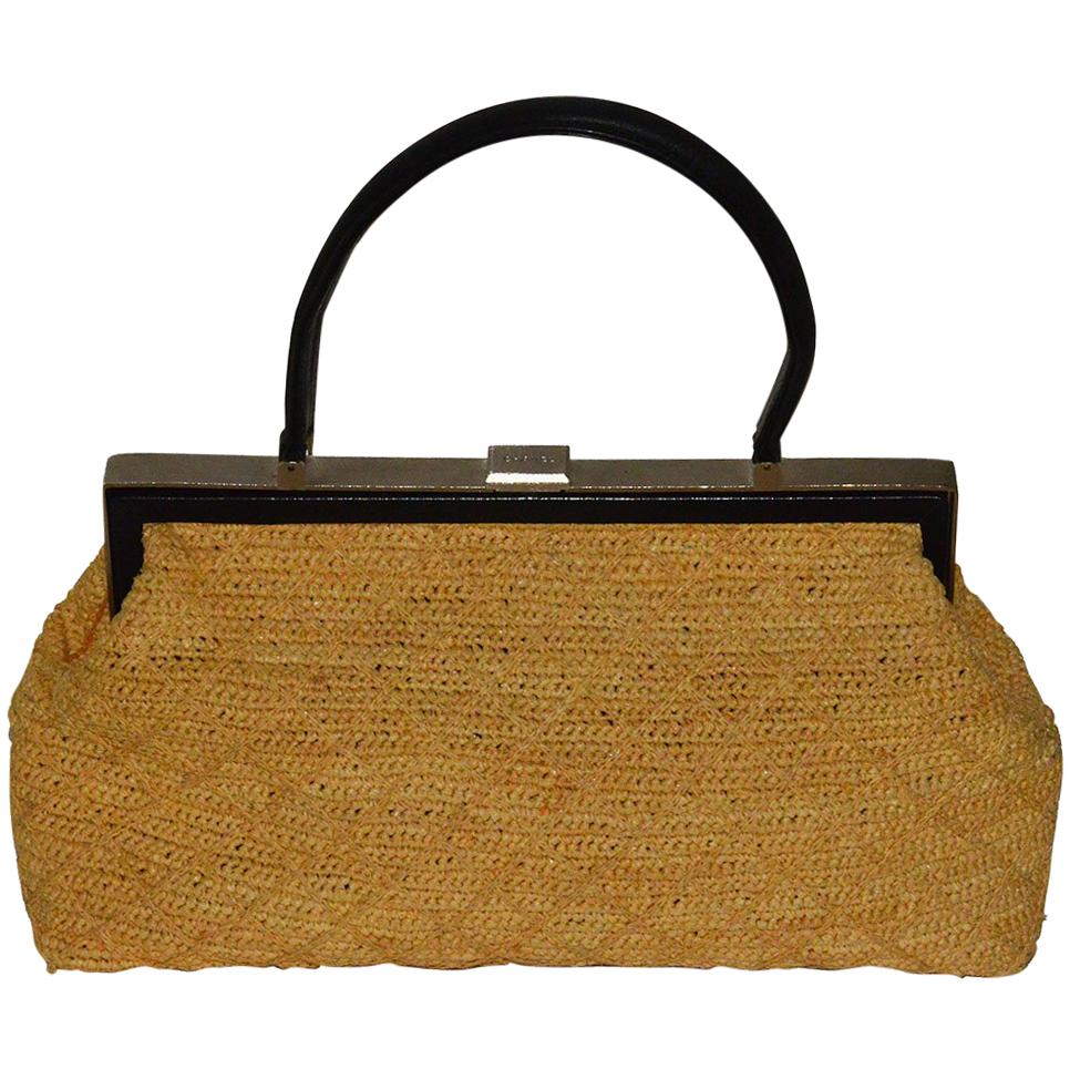 Classic Chanel Natural Straw and Black Lambskin Top Handle Bag For Sale