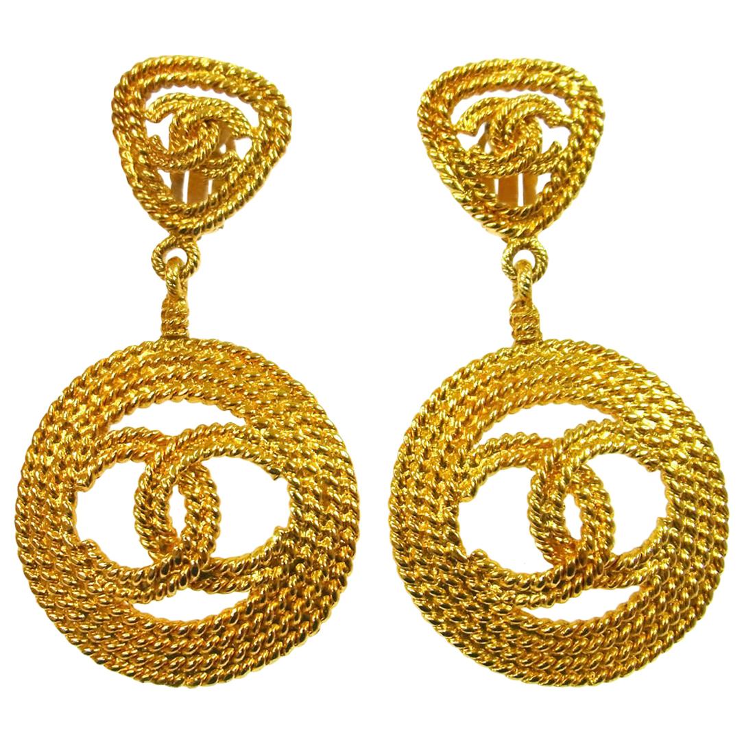 Chanel Textured Gold Double Charm Drop Hoop Evening Earrings 