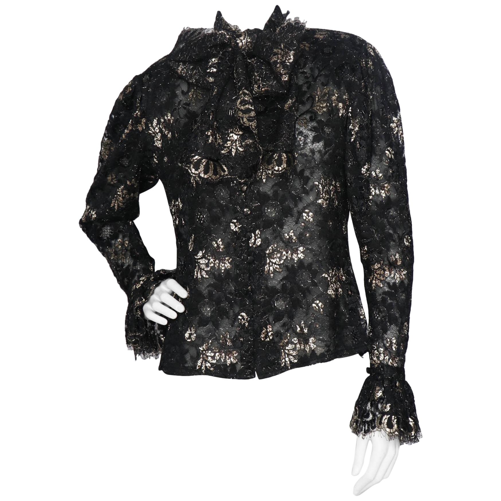 A 1980s Vintage Jean-Louis Scherrer Lurex Floral Lace Blouse  For Sale