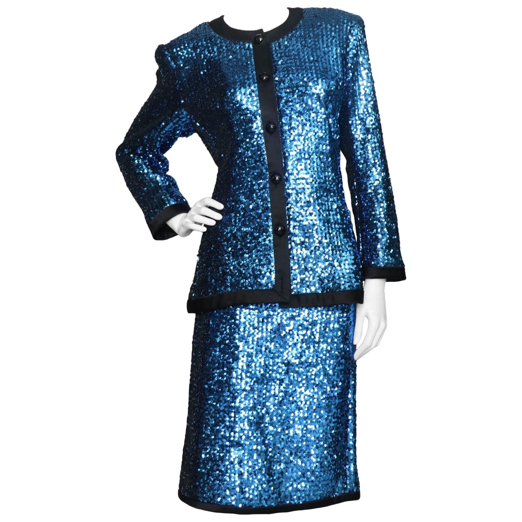 A 1980s Blue Sequin Embellished Yves Saint Laurent Rive Gauche Skirt Suit